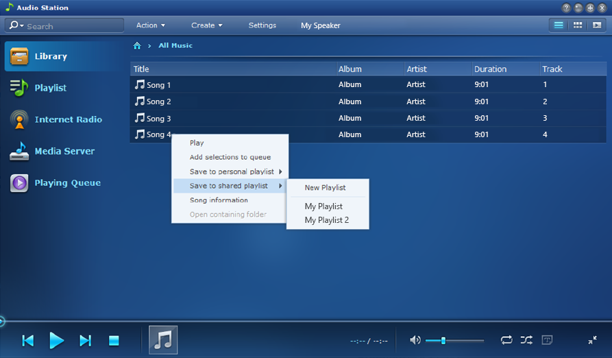 DiskStation playlist options menu