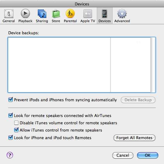 iTunes Devices settings